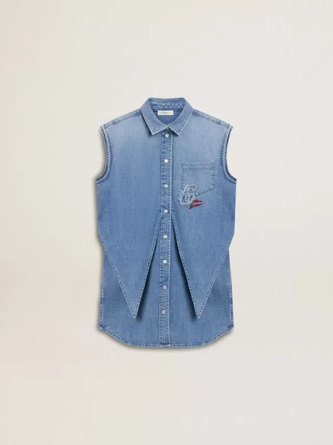 Vestido vaquero para niña con lazo delantero y bordados Vestido vaquero para niña con lazo delantero y bordados