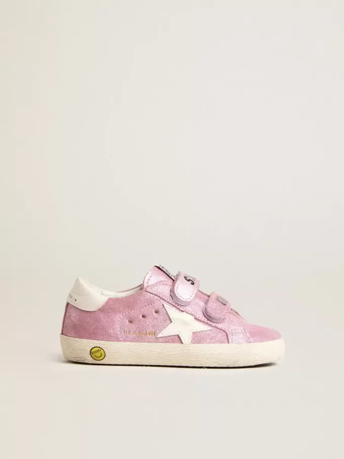 Young Old School en ante rosa metalizado con estrella y lengüeta en el talón de piel blanca Young Old School en ante rosa metalizado con estrella y lengüeta en el talón de piel blanca
