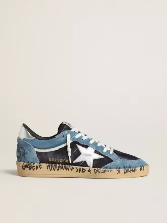 Zapatillas Ball Star para hombre en ante azul con estrella y lengüeta en el talón de piel plateada Zapatillas Ball Star para hombre en ante azul con estrella y lengüeta en el talón de piel plateada