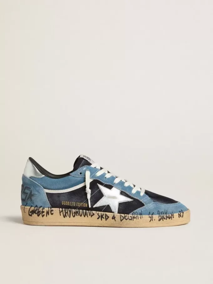 Zapatillas Ball Star para hombre en ante azul con estrella y lengüeta en el talón de piel plateada Zapatillas Ball Star para hombre en ante azul con estrella y lengüeta en el talón de piel plateada
