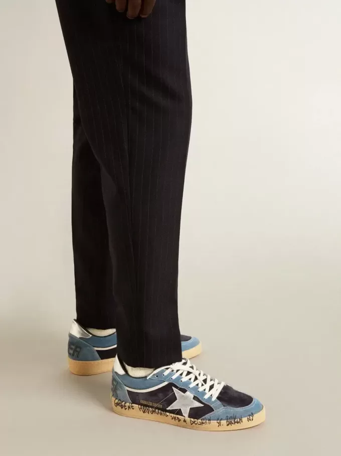 Zapatillas Ball Star para hombre en ante azul con estrella y lengüeta en el talón de piel plateada Zapatillas Ball Star para hombre en ante azul con estrella y lengüeta en el talón de piel plateada
