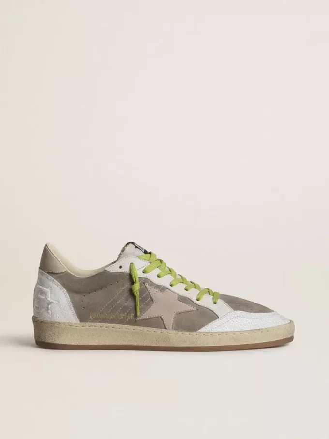 Zapatillas Ball Star para hombre en ante gris con estrella de ante rosa viejo y lengüeta del talón de cuero beige Zapatillas Ball Star para hombre en ante gris con estrella de ante rosa viejo y lengüeta del talón de cuero beige