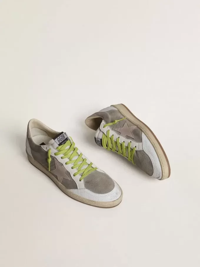 Zapatillas Ball Star para hombre en ante gris con estrella de ante rosa viejo y lengüeta del talón de cuero beige Zapatillas Ball Star para hombre en ante gris con estrella de ante rosa viejo y lengüeta del talón de cuero beige
