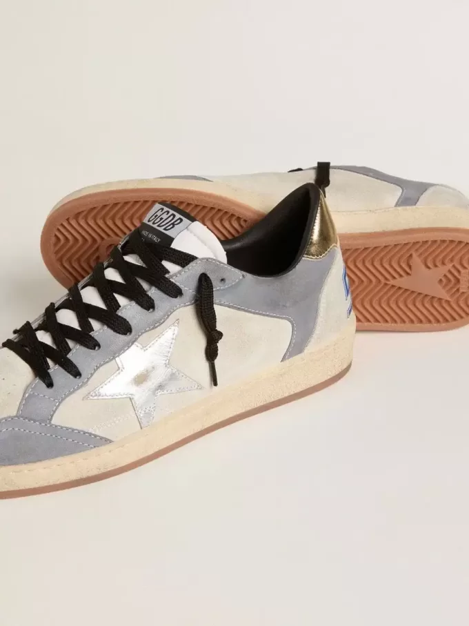 Zapatillas Ball Star para hombre en ante y nubuck con estrella de piel metalizada plateada y lengüeta del talón de piel metalizada dorada Zapatillas Ball Star para hombre en ante y nubuck con estrella de piel metalizada plateada y lengüeta del talón de piel metalizada dorada