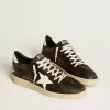 Zapatillas Ball Star para hombre en napa negra con estrella y lengüeta en el talón de cuero blanco Zapatillas Ball Star para hombre en napa negra con estrella y lengüeta en el talón de cuero blanco