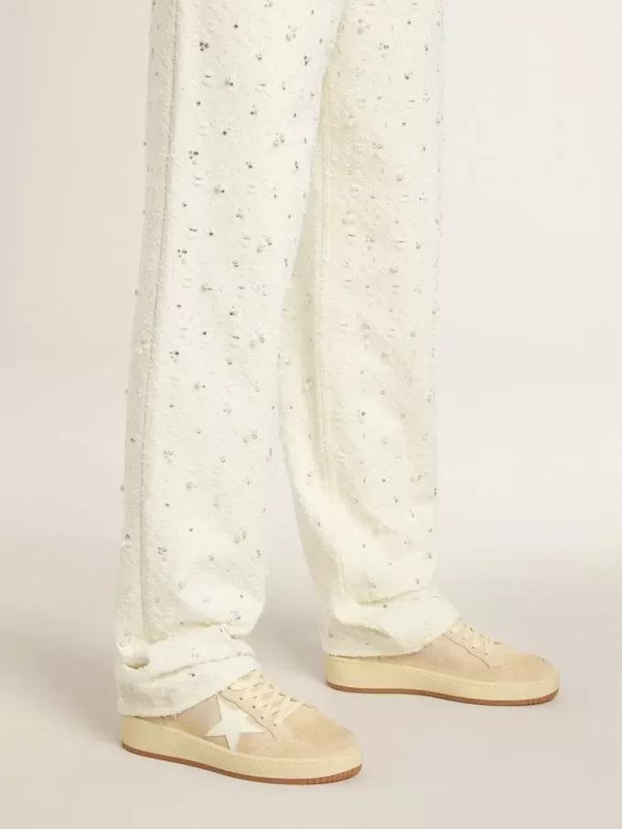 Zapatillas Ball Star para mujer en ante beige con estrella y lengüeta en el talón de cuero blanco Zapatillas Ball Star para mujer en ante beige con estrella y lengüeta en el talón de cuero blanco