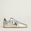 Zapatillas Ball Star para mujer en nailon plateado con estrella y lengüeta en el talón de piel verde Zapatillas Ball Star para mujer en nailon plateado con estrella y lengüeta en el talón de piel verde