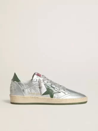 Zapatillas Ball Star para mujer en nailon plateado con estrella y lengüeta en el talón de piel verde Zapatillas Ball Star para mujer en nailon plateado con estrella y lengüeta en el talón de piel verde