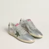 Zapatillas Ball Star para mujer en nailon plateado con estrella y lengüeta en el talón de piel verde Zapatillas Ball Star para mujer en nailon plateado con estrella y lengüeta en el talón de piel verde
