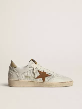 Zapatillas Ball Star para mujer en napa blanca y malla con estrella de nubuck color tabaco y lengüeta trasera beige Zapatillas Ball Star para mujer en napa blanca y malla con estrella de nubuck color tabaco y lengüeta trasera beige