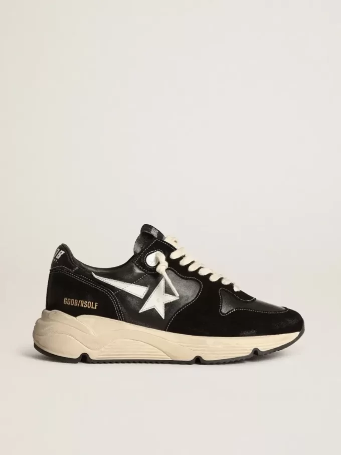 Zapatillas de running para hombre con suela de cuero napa negro y ante con una estrella blanca Zapatillas de running para hombre con suela de cuero napa negro y ante con una estrella blanca