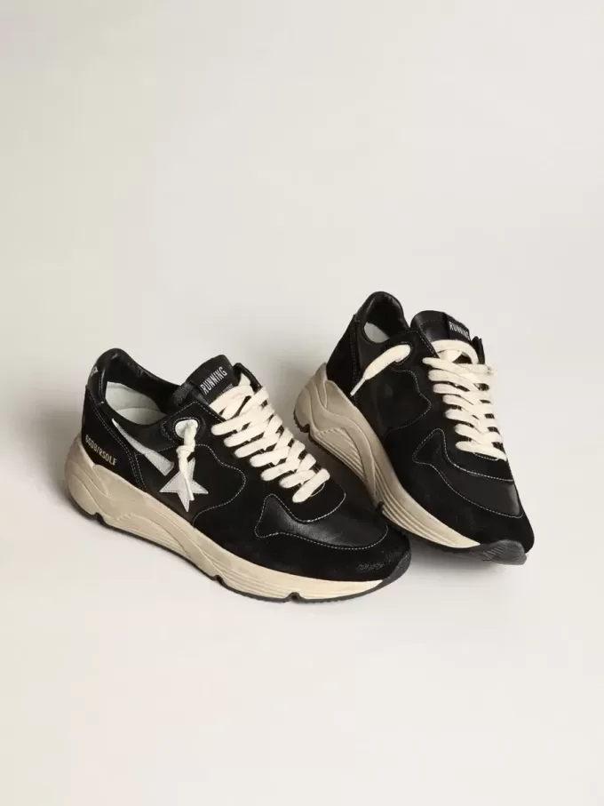 Zapatillas de running para hombre con suela de cuero napa negro y ante con una estrella blanca Zapatillas de running para hombre con suela de cuero napa negro y ante con una estrella blanca