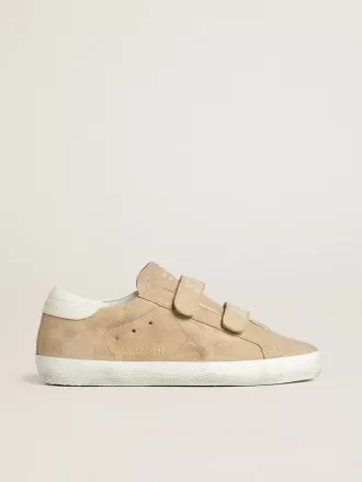 Zapatillas Old School para mujer en ante beige con lengüeta de cuero blanco en el talón Zapatillas Old School para mujer en ante beige con lengüeta de cuero blanco en el talón