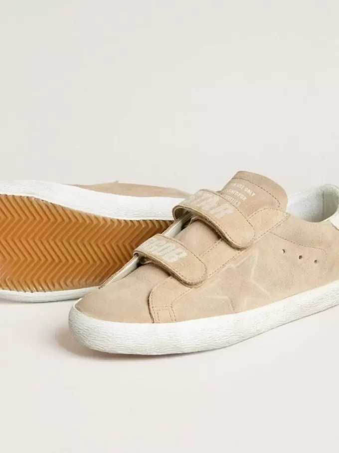 Zapatillas Old School para mujer en ante beige con lengüeta de cuero blanco en el talón Zapatillas Old School para mujer en ante beige con lengüeta de cuero blanco en el talón