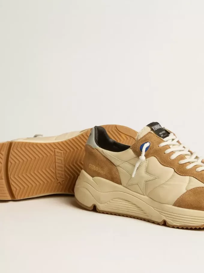 Zapatillas Running Sole para hombre en nailon marfil y ante tabaco Zapatillas Running Sole para hombre en nailon marfil y ante tabaco