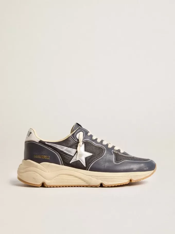 Zapatillas Running Sole para hombre en piel napa azul oscuro y nailon negro con estrella plateada Zapatillas Running Sole para hombre en piel napa azul oscuro y nailon negro con estrella plateada