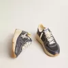 Zapatillas Running Sole para hombre en piel napa azul oscuro y nailon negro con estrella plateada Zapatillas Running Sole para hombre en piel napa azul oscuro y nailon negro con estrella plateada