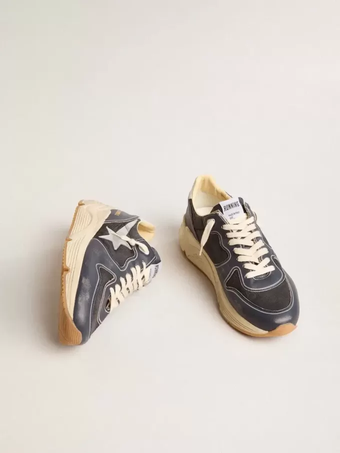 Zapatillas Running Sole para hombre en piel napa azul oscuro y nailon negro con estrella plateada Zapatillas Running Sole para hombre en piel napa azul oscuro y nailon negro con estrella plateada