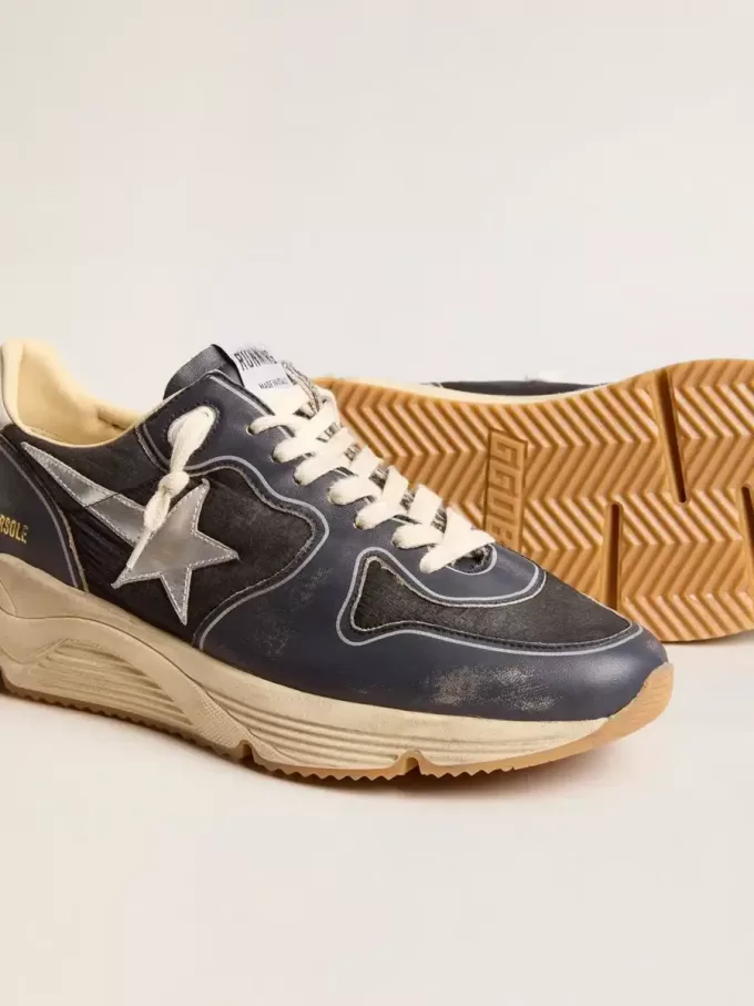 Zapatillas Running Sole para hombre en piel napa azul oscuro y nailon negro con estrella plateada Zapatillas Running Sole para hombre en piel napa azul oscuro y nailon negro con estrella plateada