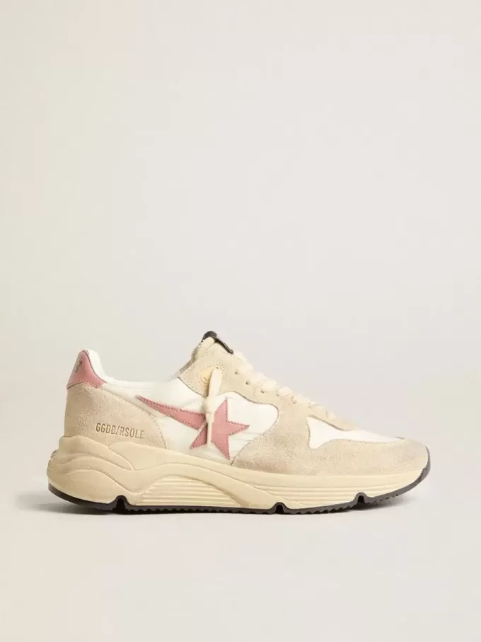 Zapatillas Running Sole para mujer en nailon beige con estrella y lengüeta en el talón de piel rosa