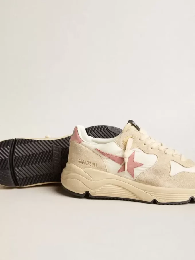 Zapatillas Running Sole para mujer en nailon beige con estrella y lengüeta en el talón de piel rosa