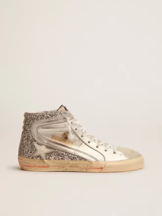 Zapatillas Slide para mujer con parte superior de cuero laminado y purpurina plateada