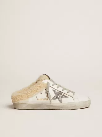 Zapatillas Super-Star Sabot para mujer en piel blanca y forro de borreguillo