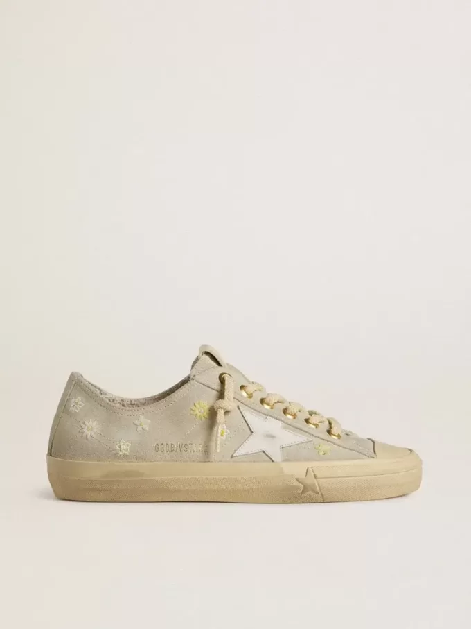 Zapatillas V-Star para mujer en ante gris hielo con estrella de cuero blanco y bordado floral Zapatillas V-Star para mujer en ante gris hielo con estrella de cuero blanco y bordado floral