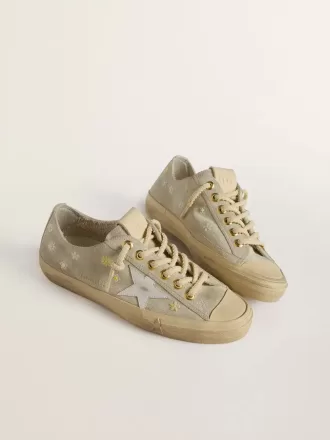 Zapatillas V-Star para mujer en ante gris hielo con estrella de cuero blanco y bordado floral